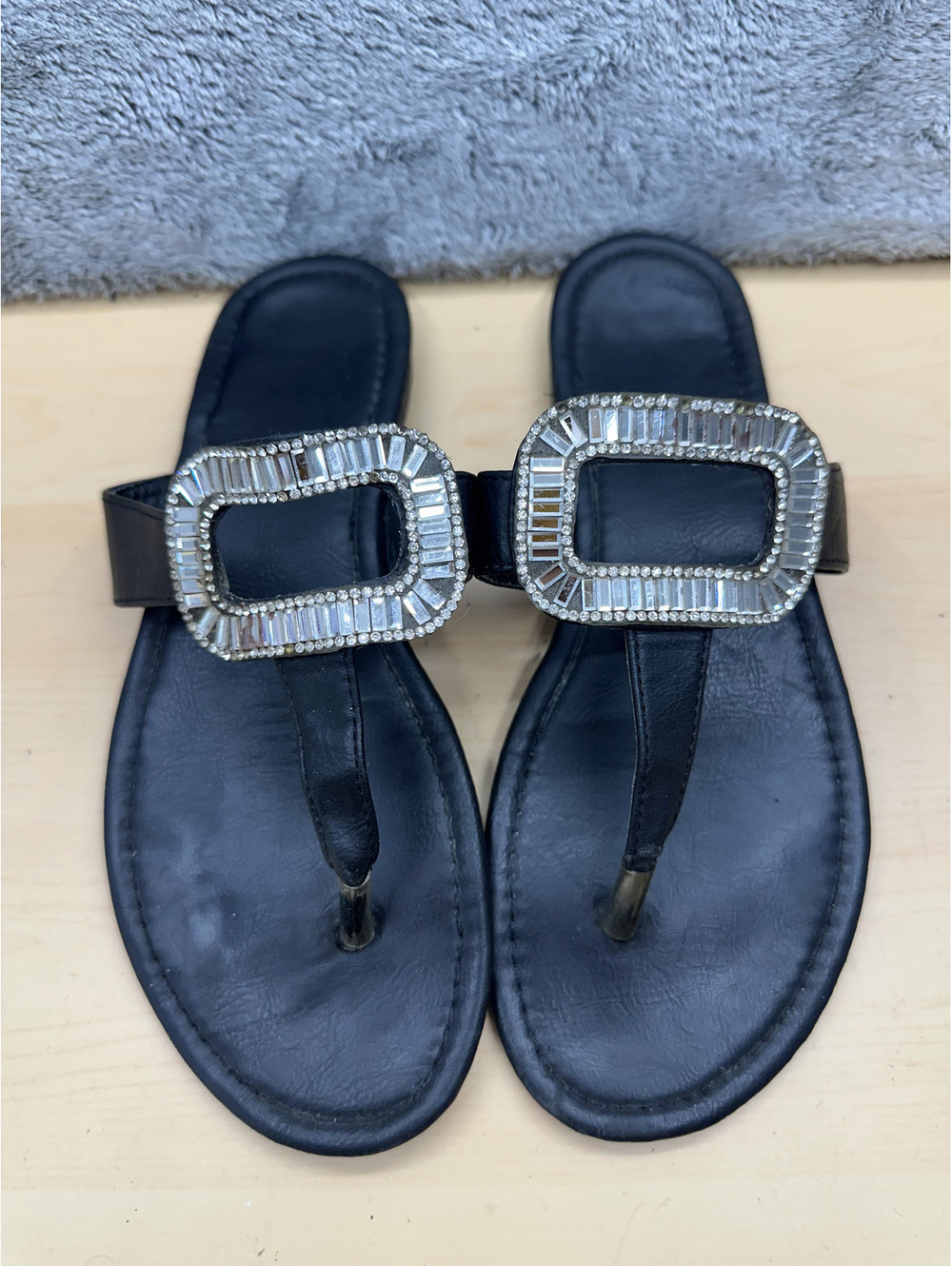 Black Sandals with Rhinestone Buckle
